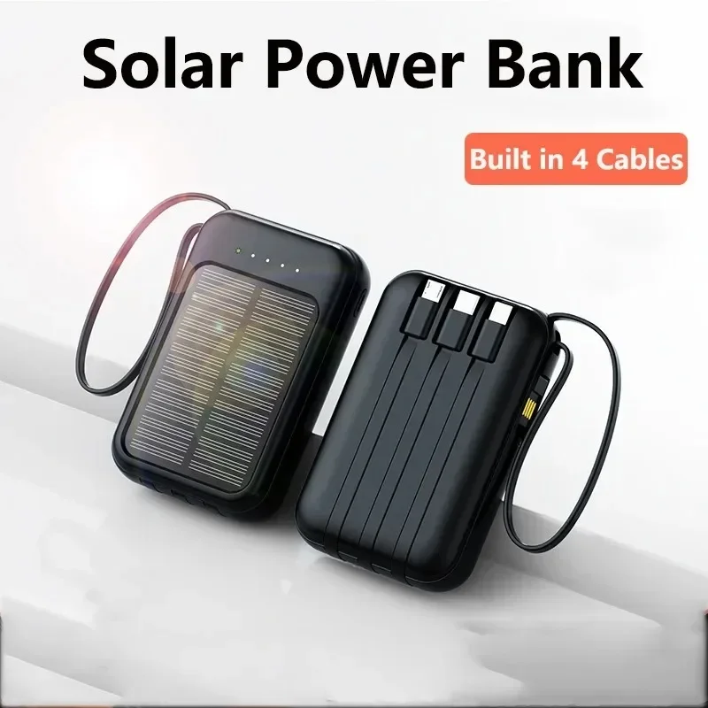50000mAh Solar Power Bank Built Cables Fast Charger 2 USB Ports External Charger Power Bank  LED Light For Iphone Xiaomi Samsung