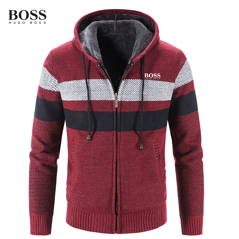 BOSS Men-s STRIPED ZIP UP HOODED SWEATER