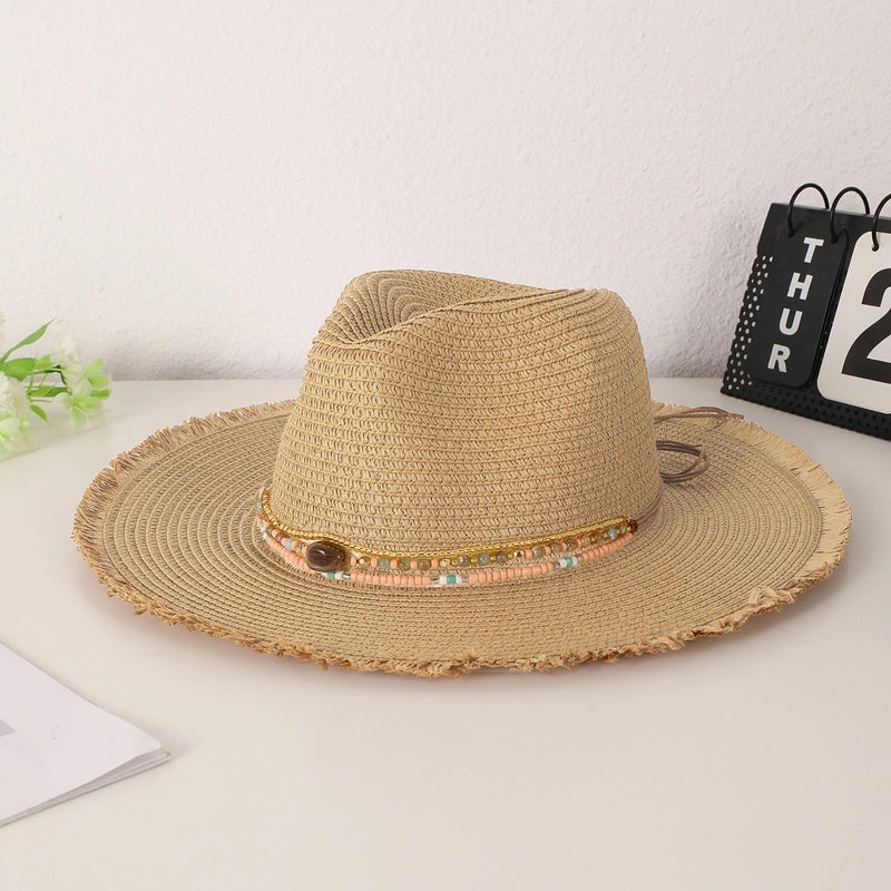 Women's Vacation Beach Solid Color Beaded Straps Wide Eaves Straw Hat