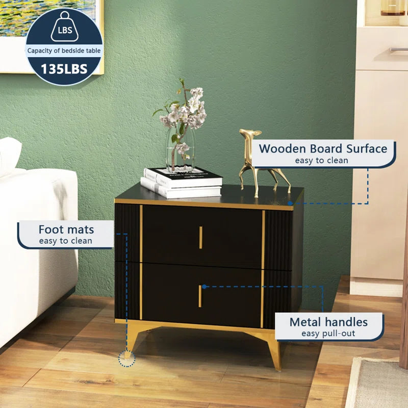 Black Gold Nightstand. Light Luxury Striped Bedside Table with 2 Wooden Drawers