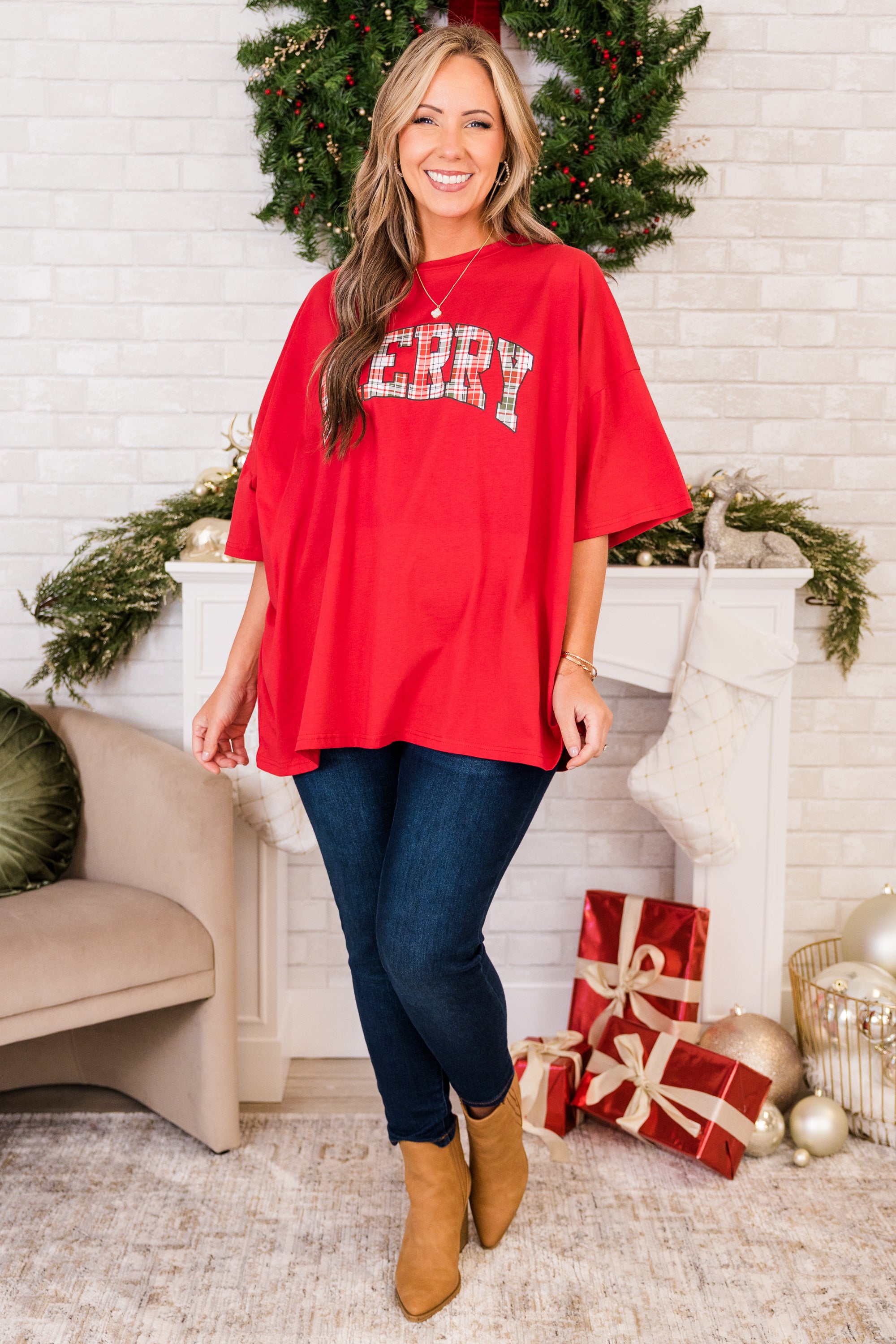 Merry and Plaid Boyfriend Tee. Red