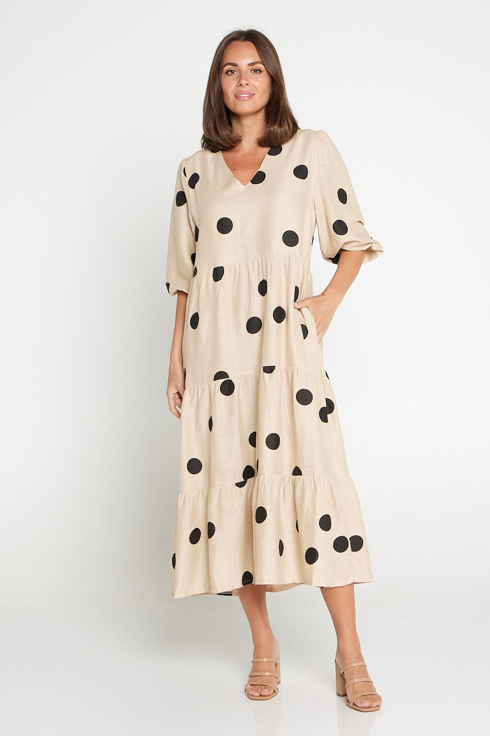 Eleanor Linen Dress - Beige/Black Spot