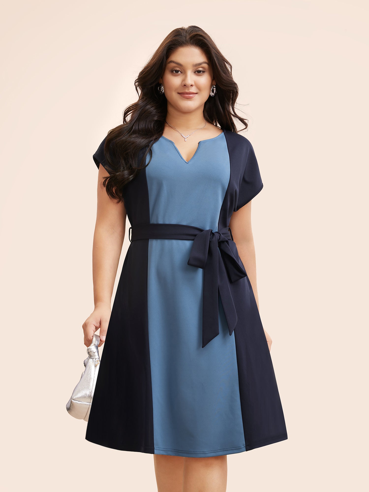 Notched Contrast Patchwork Belted Dress