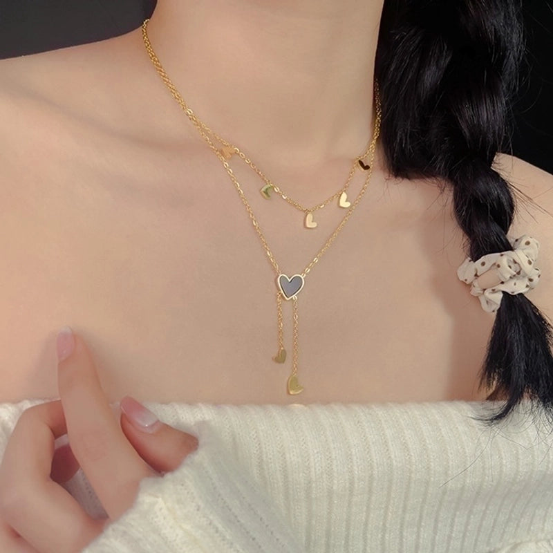 Sweet Minimalist Heart Shape Titanium Steel Plating Inlay Shell 18k Gold Plated Layered Necklaces