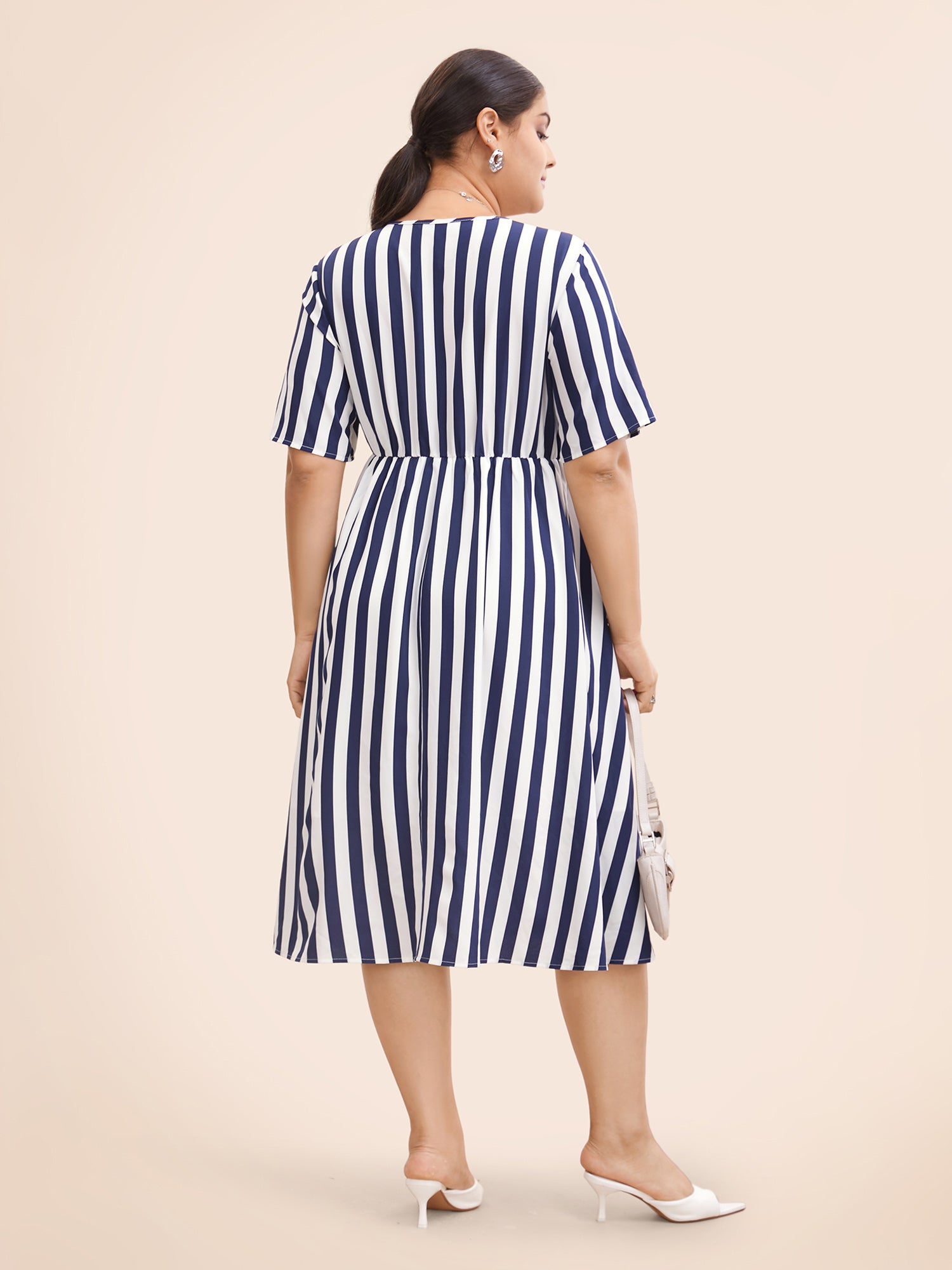 Striped Overlap Collar Ruffle Sleeve Midi Dress