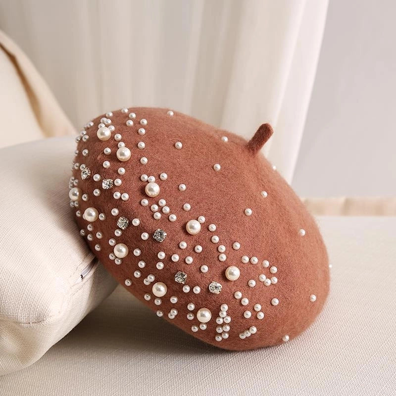 Style Pearl Rhinestone Wool Beret Women's Autumn And Winter British Style Retro Korean Style Japanese Style Western Style Painter Hat