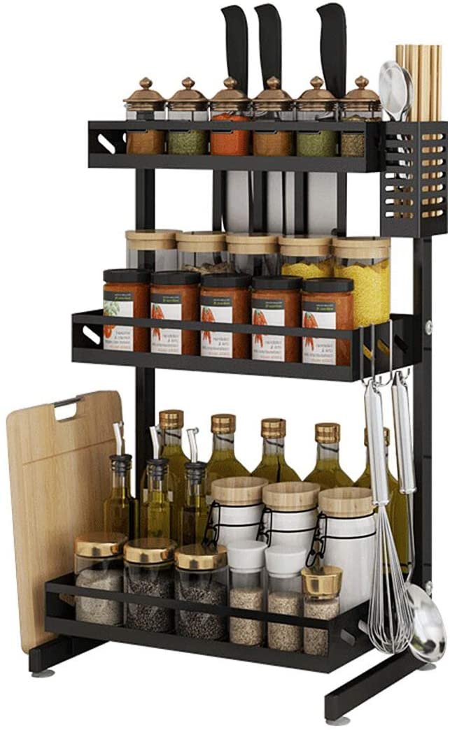 3 Tier Metal Countertop Kitchen Spice Rack Standing Corner Shelf Removable Seasoning Organizer Jars Bottle Storage Knife Utensils Holder with 3 Hooks. Black