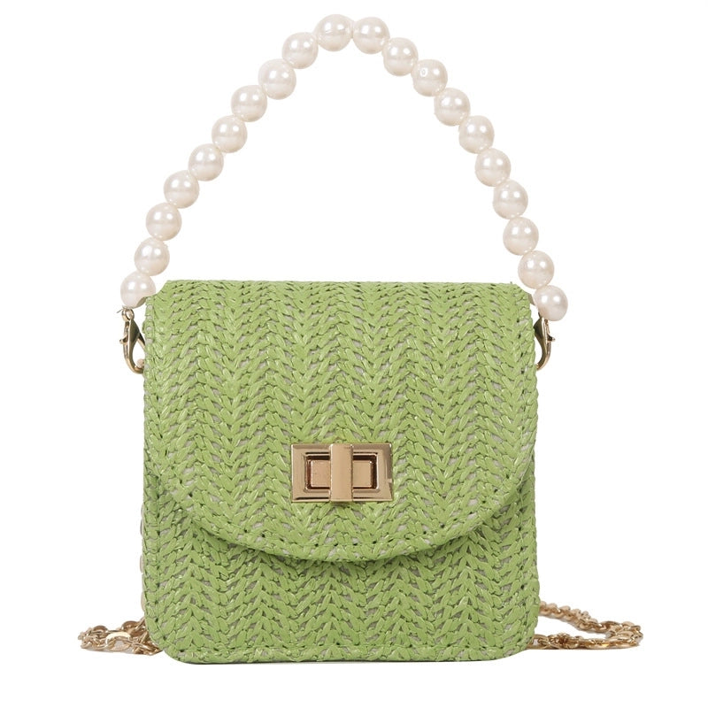 Women's Mini Straw Solid Color Elegant Pearls Lock Clasp Straw Bag