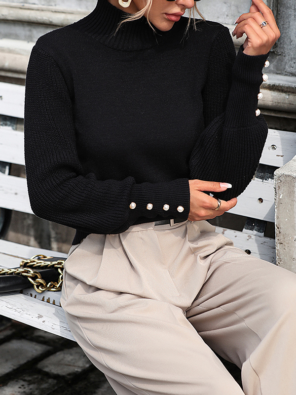 Long Sleeves Loose Beaded Split-Joint High-Neck Knitwear Pullovers Sweater Tops
