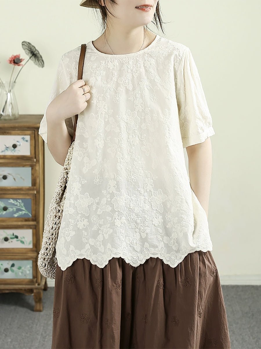 Women Summer Embroidery Wave Hem 100%Cotton Shirt
