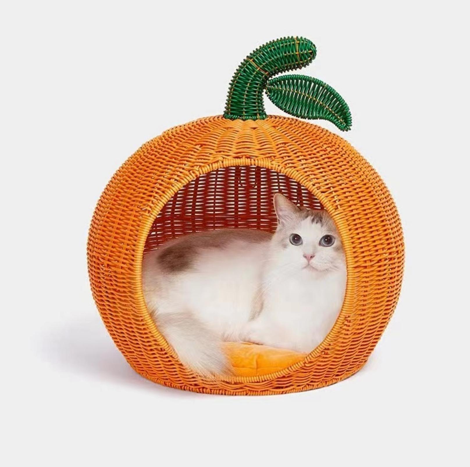 Fortune Orange Rattan Cat Bed With Removable Thick Pad For All Seasons