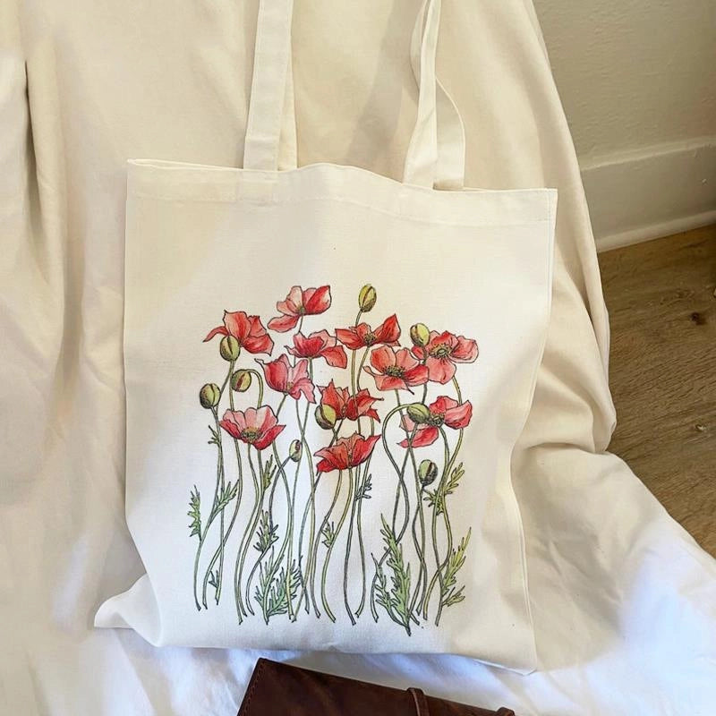 Women's Medium Canvas Flower Basic Classic Style Square Open Canvas Bag