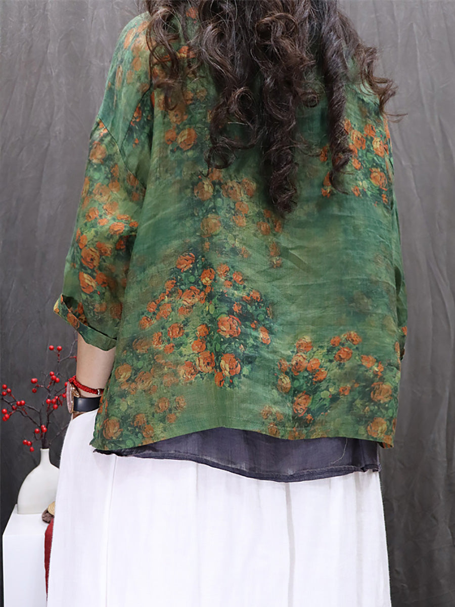 Women Spring Artsy O-Neck Flower 100%Ramie Shirt