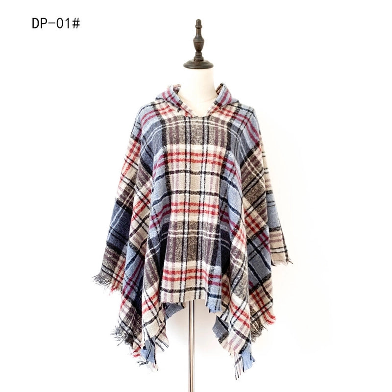 Direct New Cape Europe And The United States Spring And Autumn And Winter New Barbed Wool Pullover Plaid Hat Cape Shawl