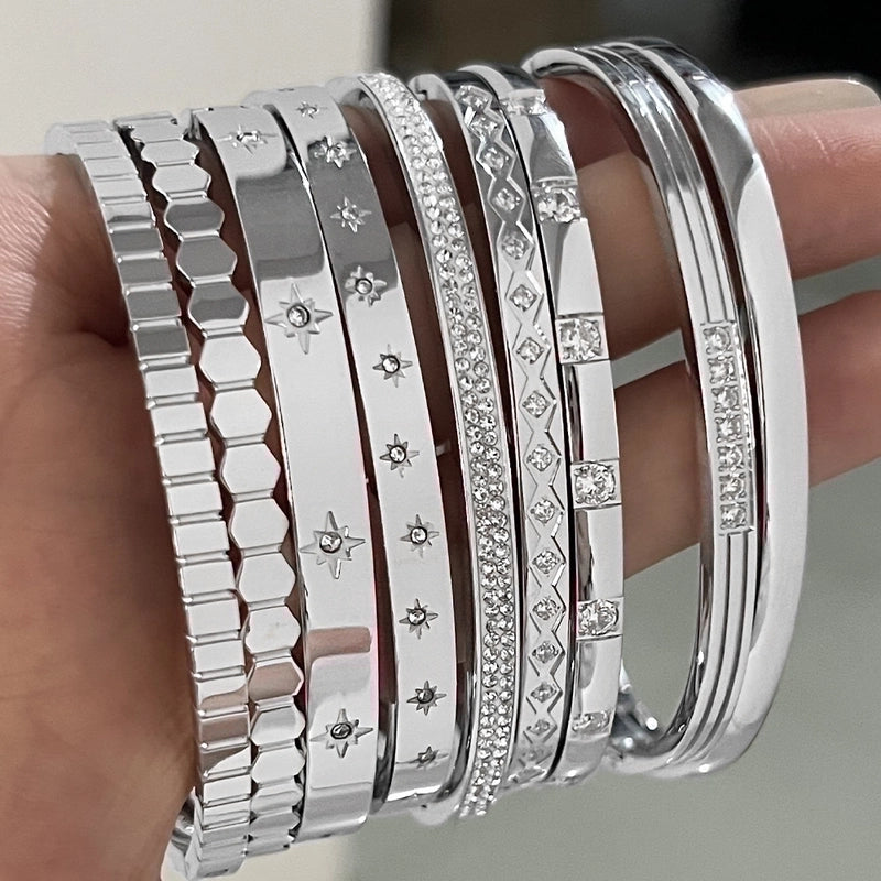 Minimalist Classic Style Geometric Stainless Steel Plating Inlay Zircon Bangle