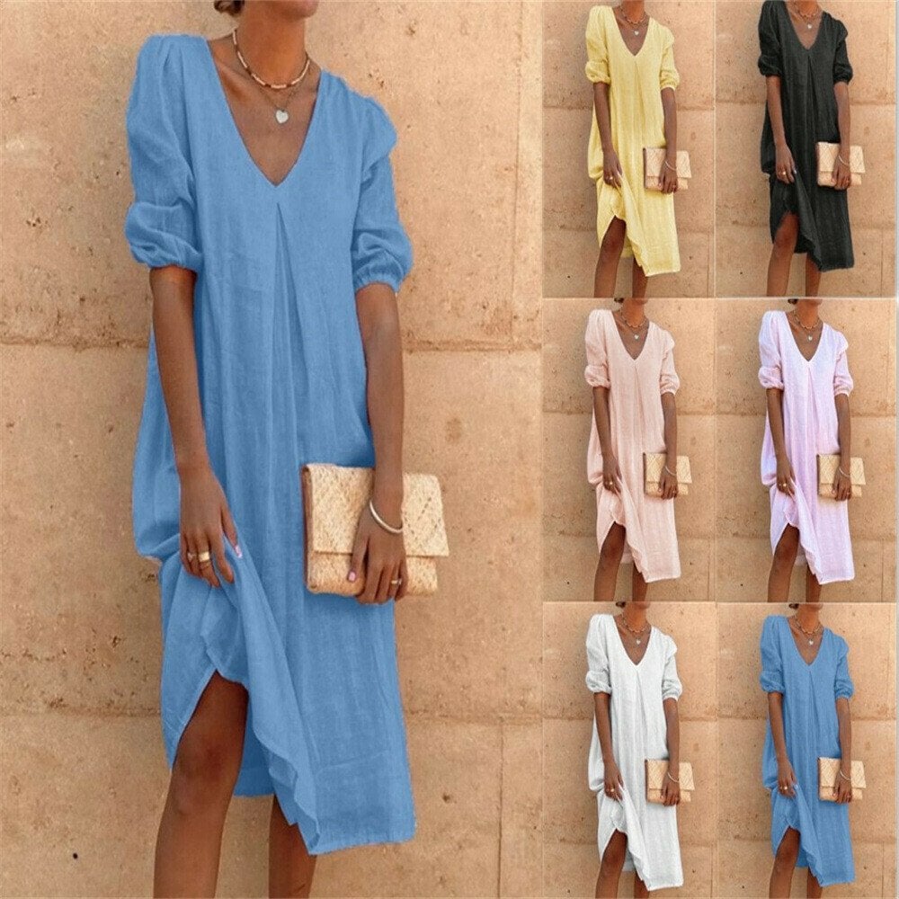 Cotton Linen Solid Color Simple Loose Dress