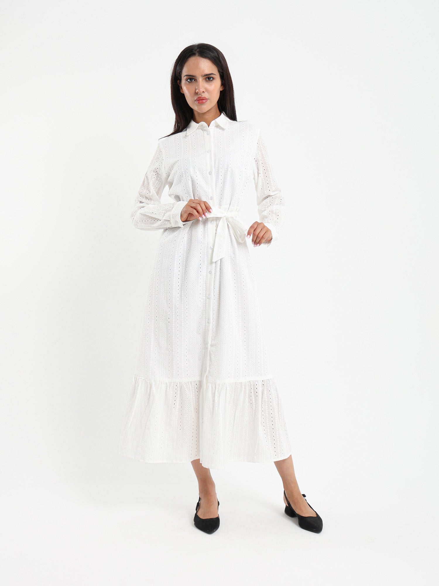 Button-Front Midi Broderie Dress