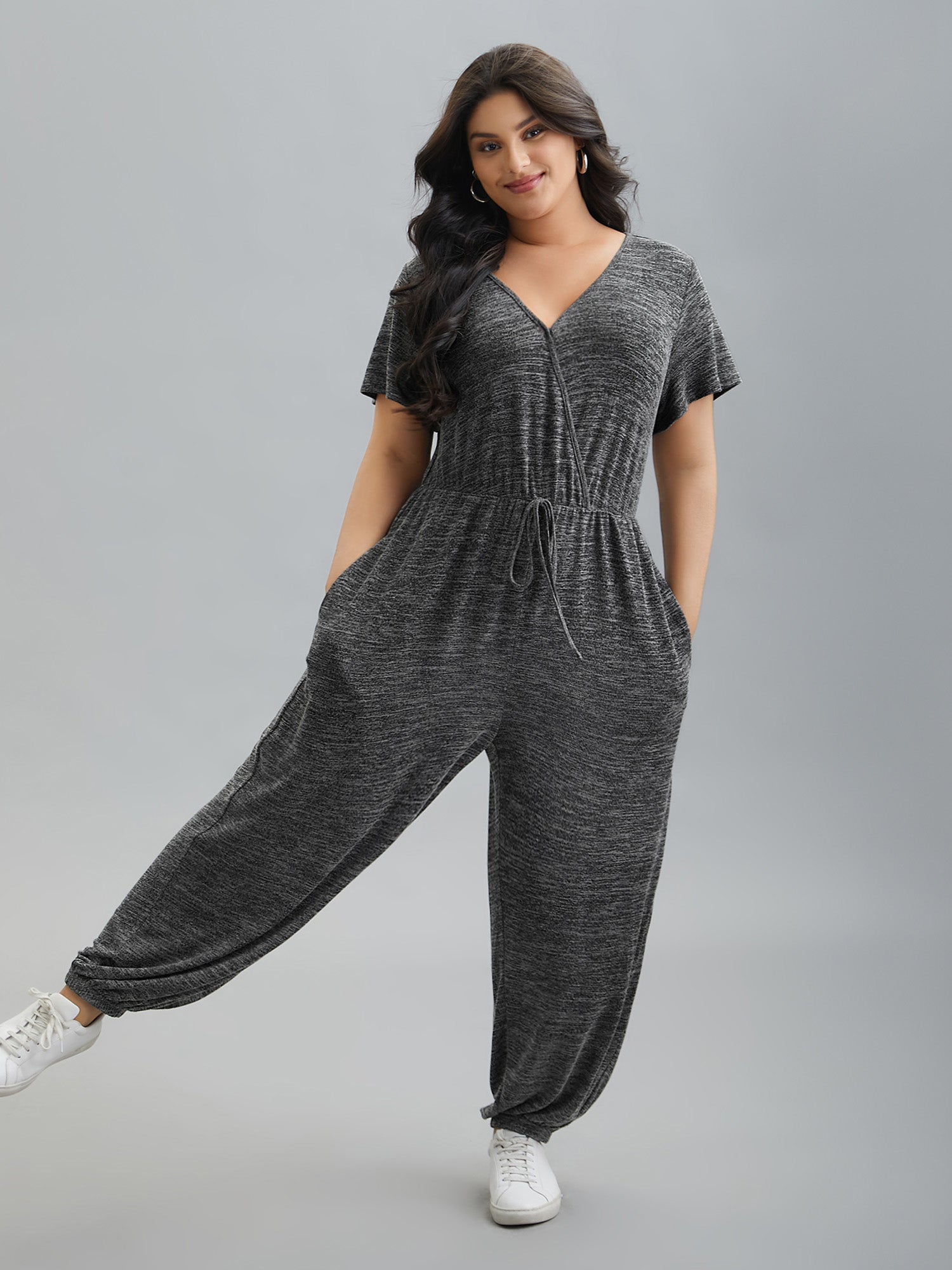 Plain Wrap Drawstring Pocket Jumpsuit