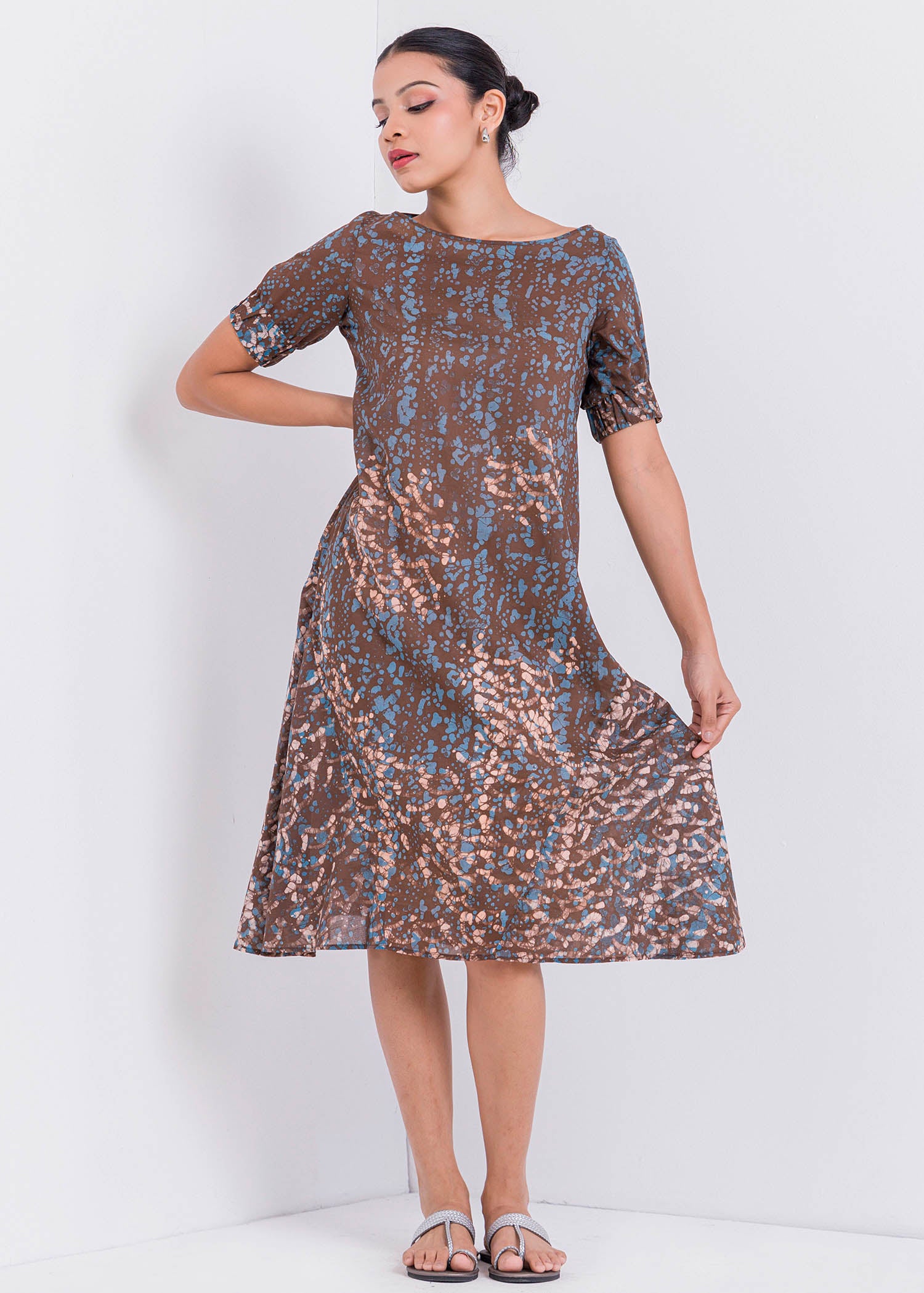 Batik Puff Sleeved Round Neck Dress