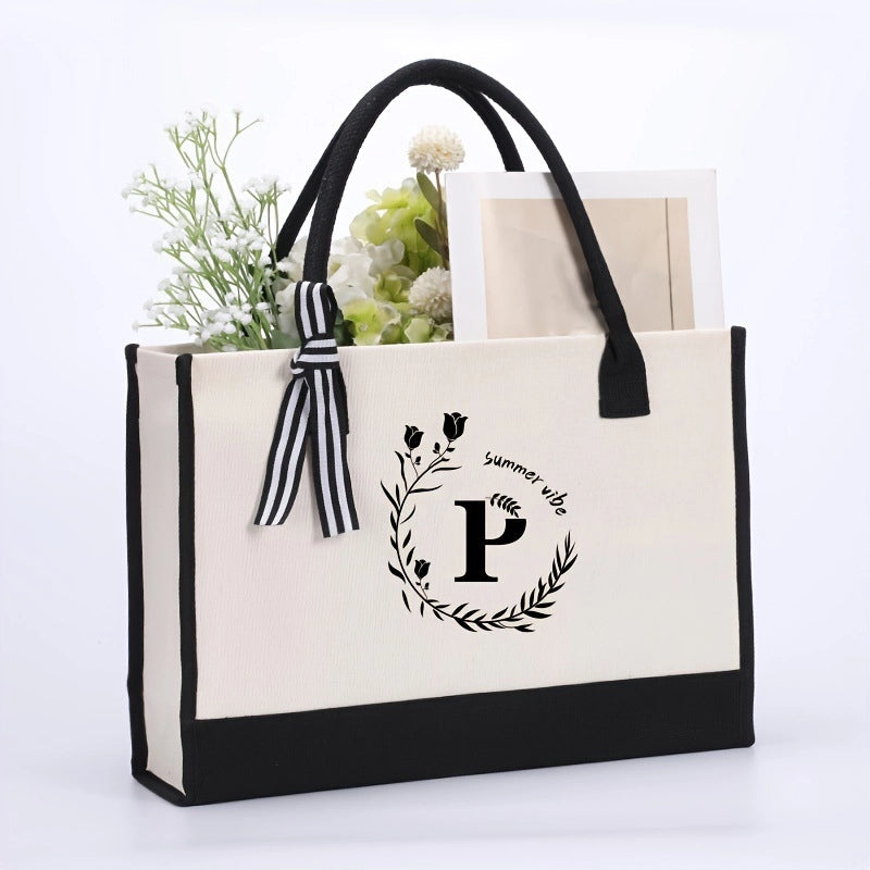 Women's Elegant Letter Flower Canvas Shopping Bags