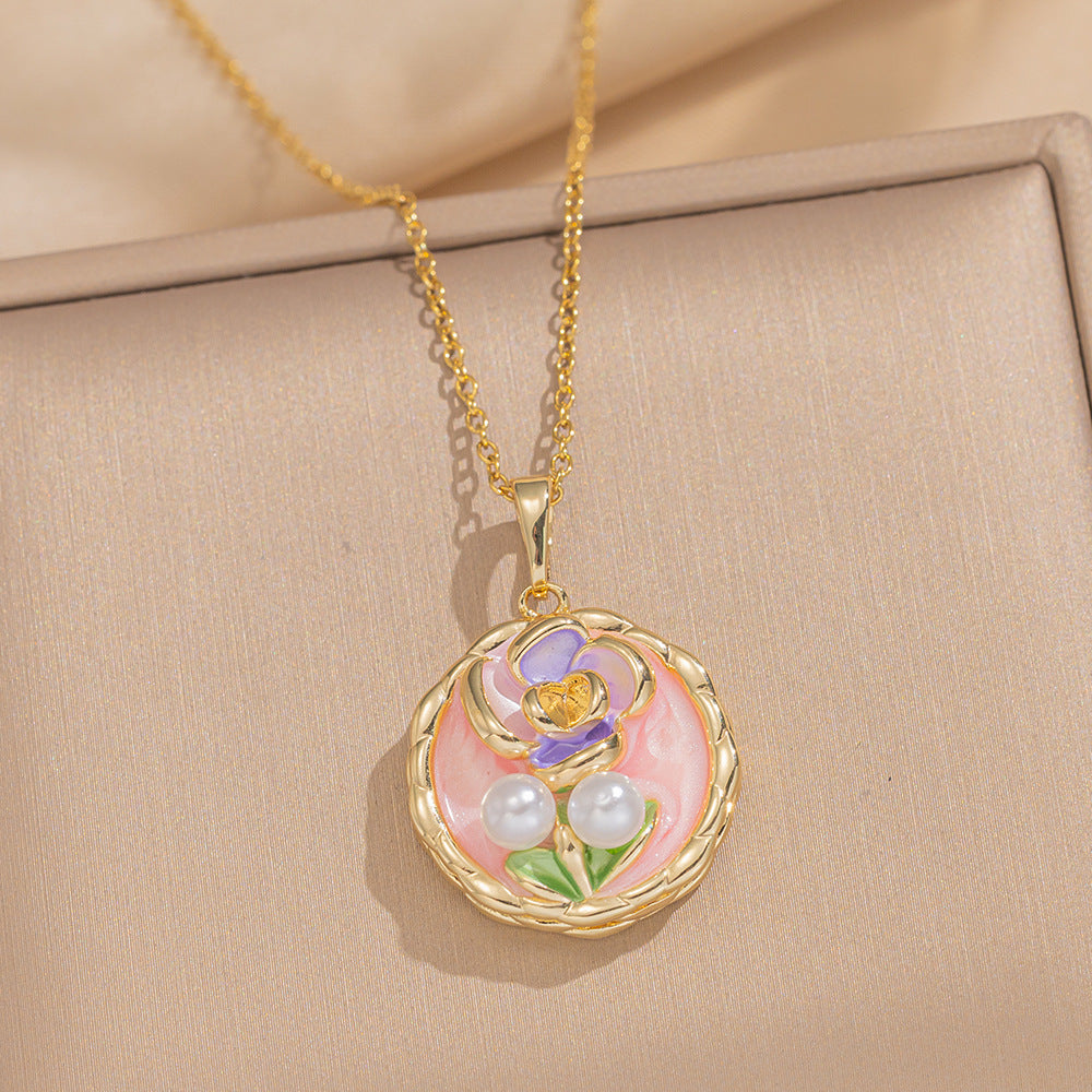 Retro Oil Drop Baroque Freshwater Pearl Enamel High-Grade Painted Flower Pendant Necklace