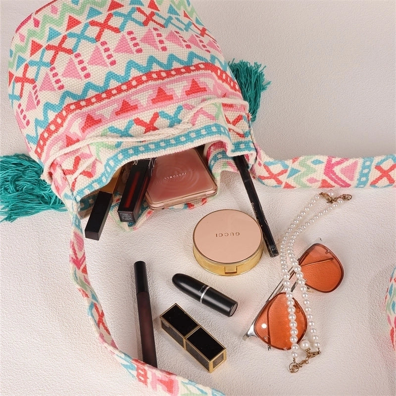 Women's Medium Canvas Geometric Ethnic Style Bucket Open Bucket Bag