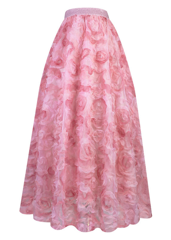 Gradient Color Pink Rose Embroidered Floral High Waist Tulle Maxi Skirt Spring