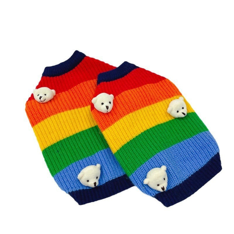 Bear Decor Multi-color Striped Dog Cat Sweater