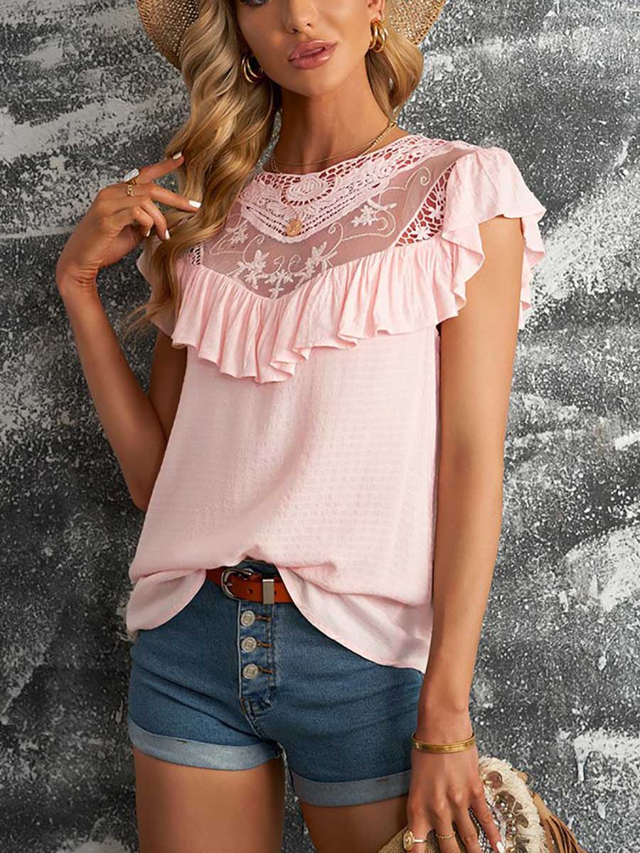 Lace Ruffle Round Neck Top