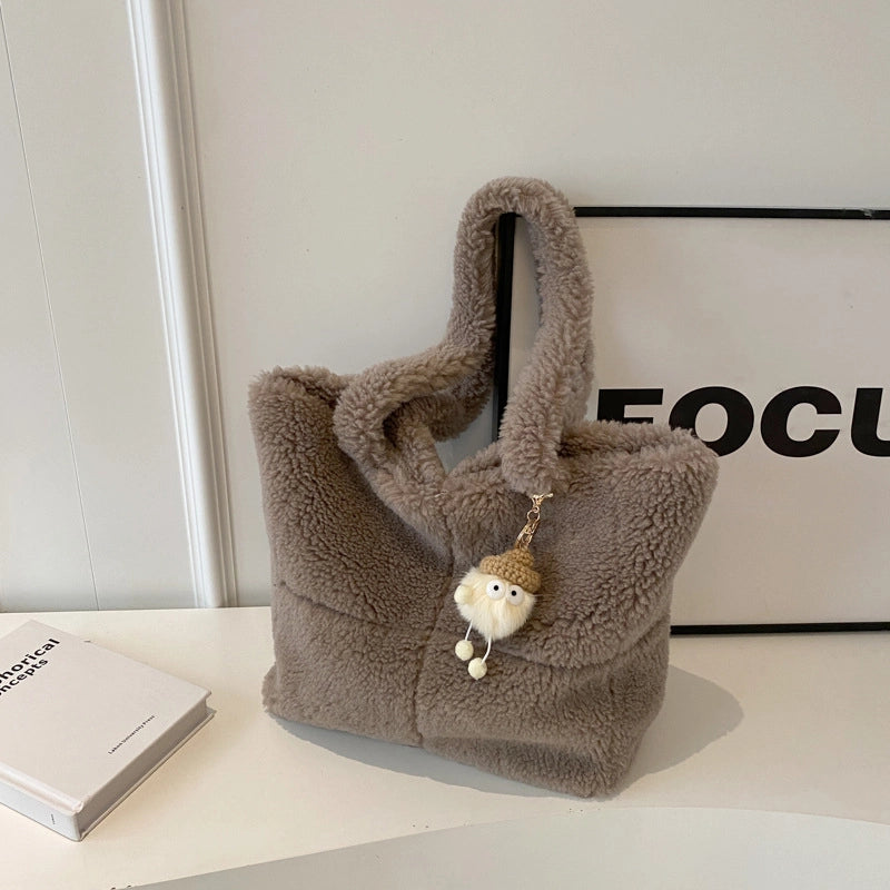 Women's Large Plush Solid Color Streetwear Bucket Magnetic Buckle Tote Bag