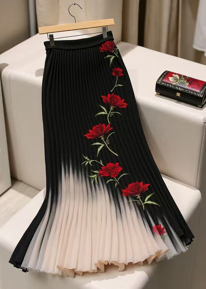 French Black Print Wrinkled Elastic Waist Chiffon Skirt Spring