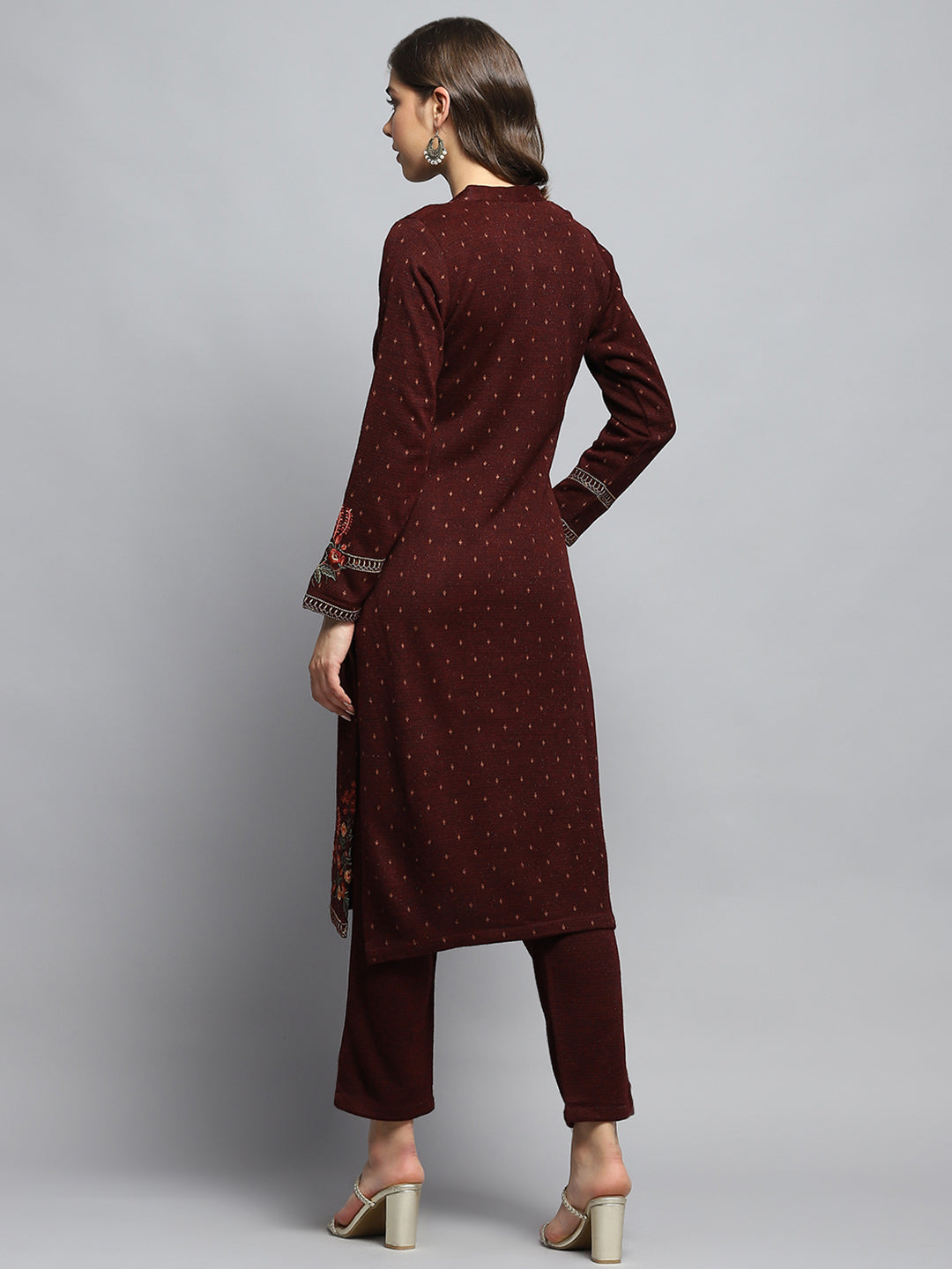 Women Maroon Self Design Round Neck Full Sleeve Kurti Set