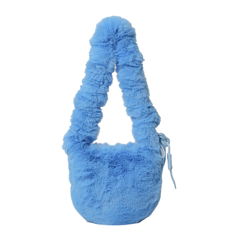 Korean Style Autumn And Winter Furry Solid Color Mini Bag Casual Fashion Underarm Women's Bag Fashionable Western Style Plush Handbag