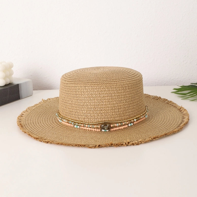 Women's Vacation Pastoral Solid Color Straps Wide Eaves Straw Hat