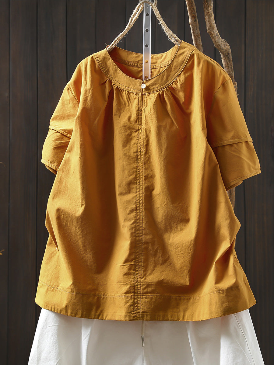 Women Summer Artsy Pure Color O-Neck 100%Cotton Shirt