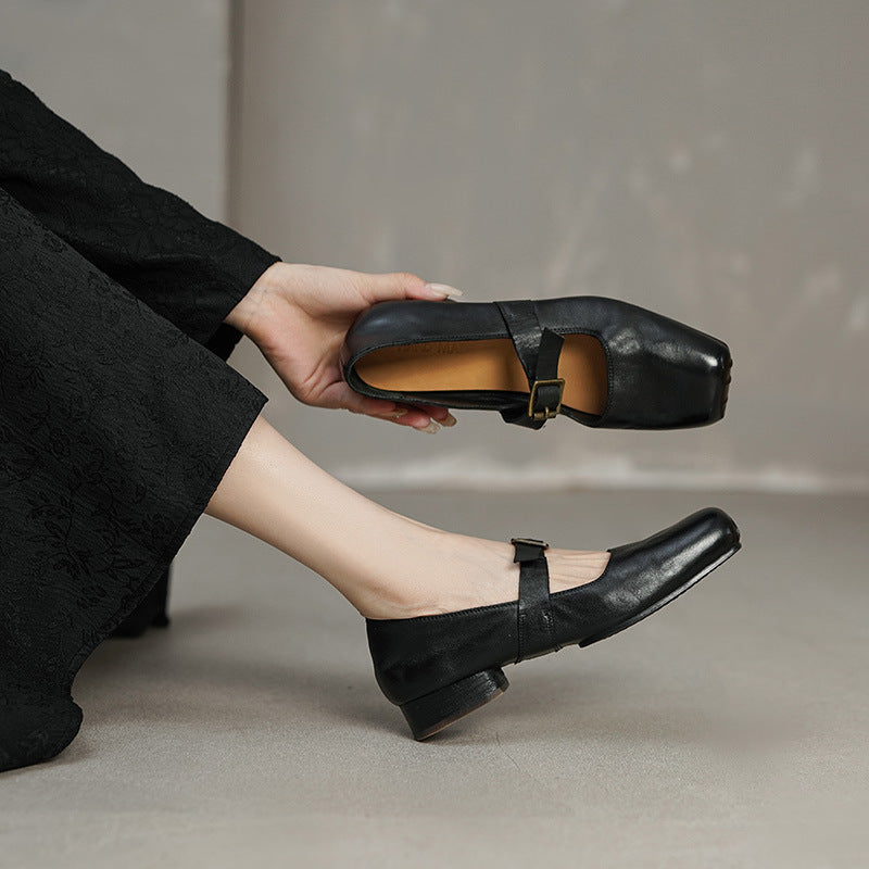 Elegant Square-Toe Horse Leather Mary Jane Shoes with Block Low Heel Buckle Apricot/Black/Brown