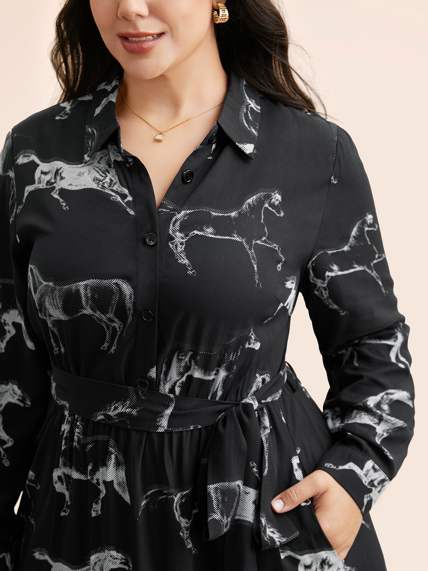 Horse Print Belted Midi Dress