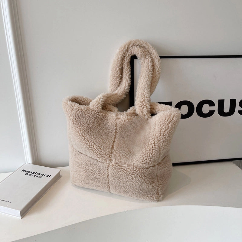 Women's Large Plush Solid Color Streetwear Bucket Magnetic Buckle Tote Bag