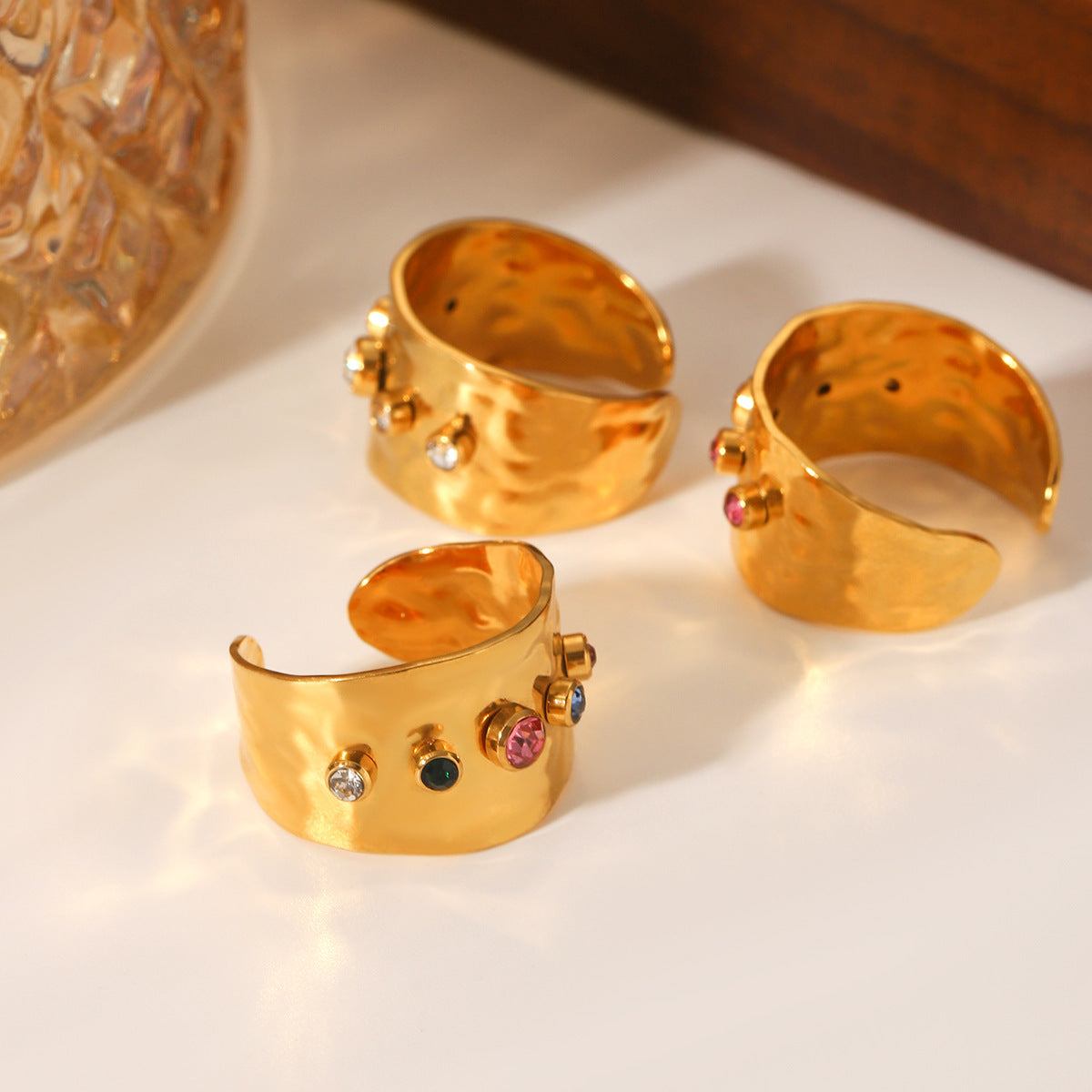 Ins Style Colored Zircon Ring Titanium Steel Open Ring 18K Gold-Plated Stainless Steel Ring Jewelry