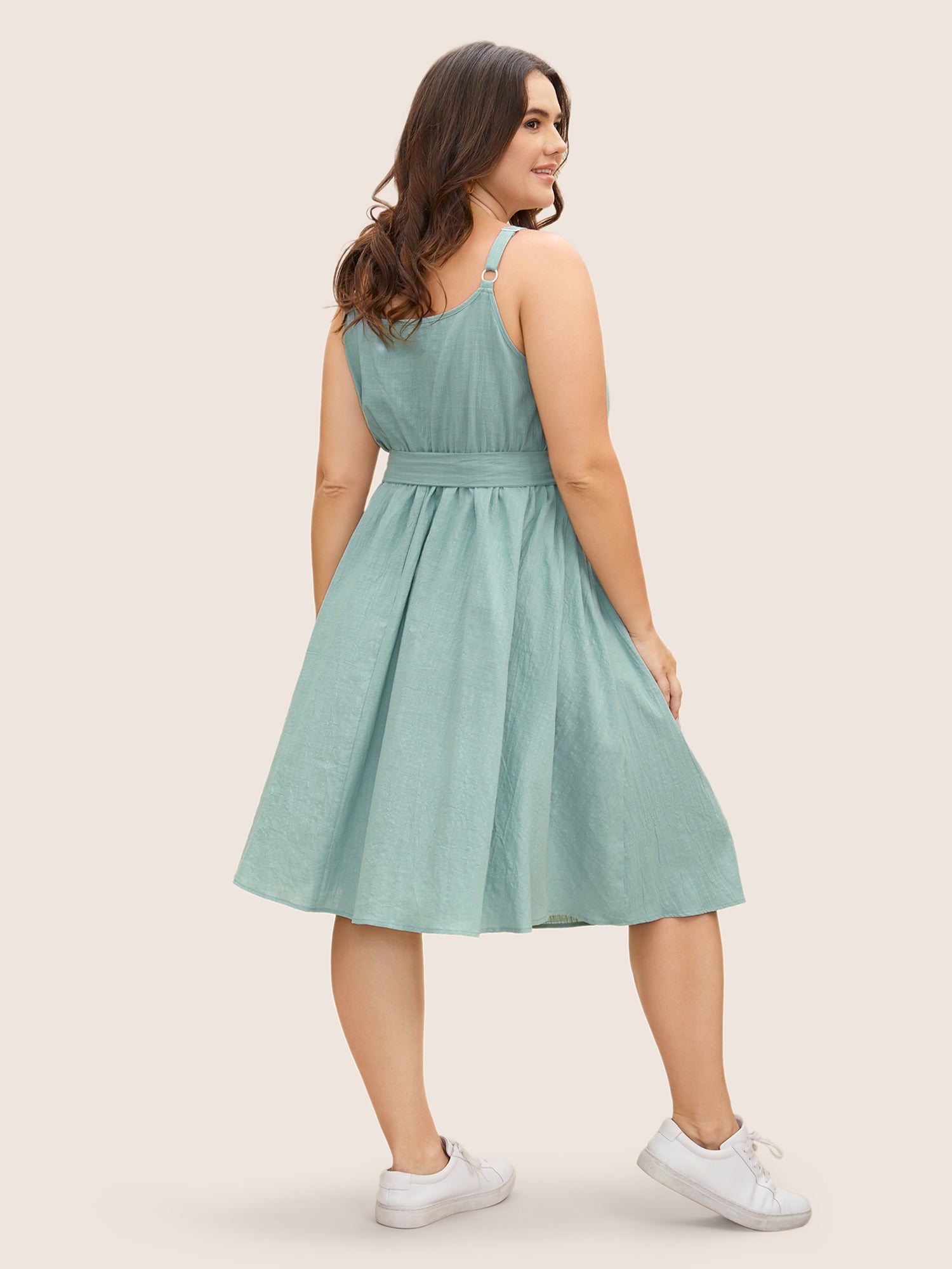 Cotton Solid Pleated Button Detail Belted Dress