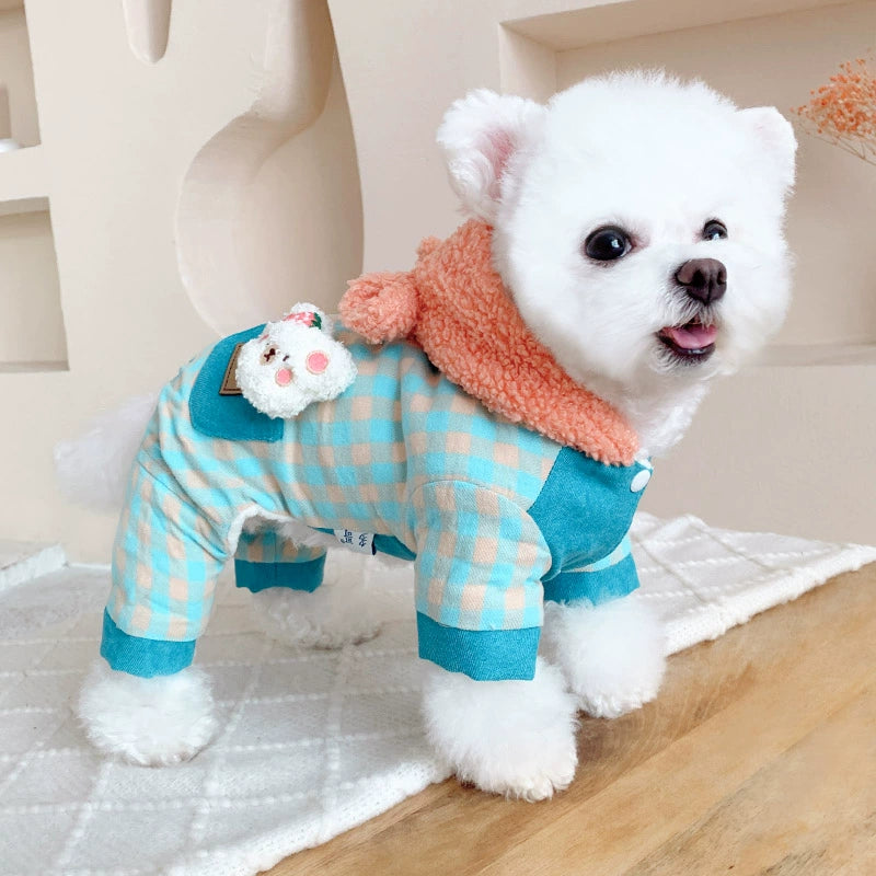 Fleece Plaid Color Block Hooded Dog Jumpsuits