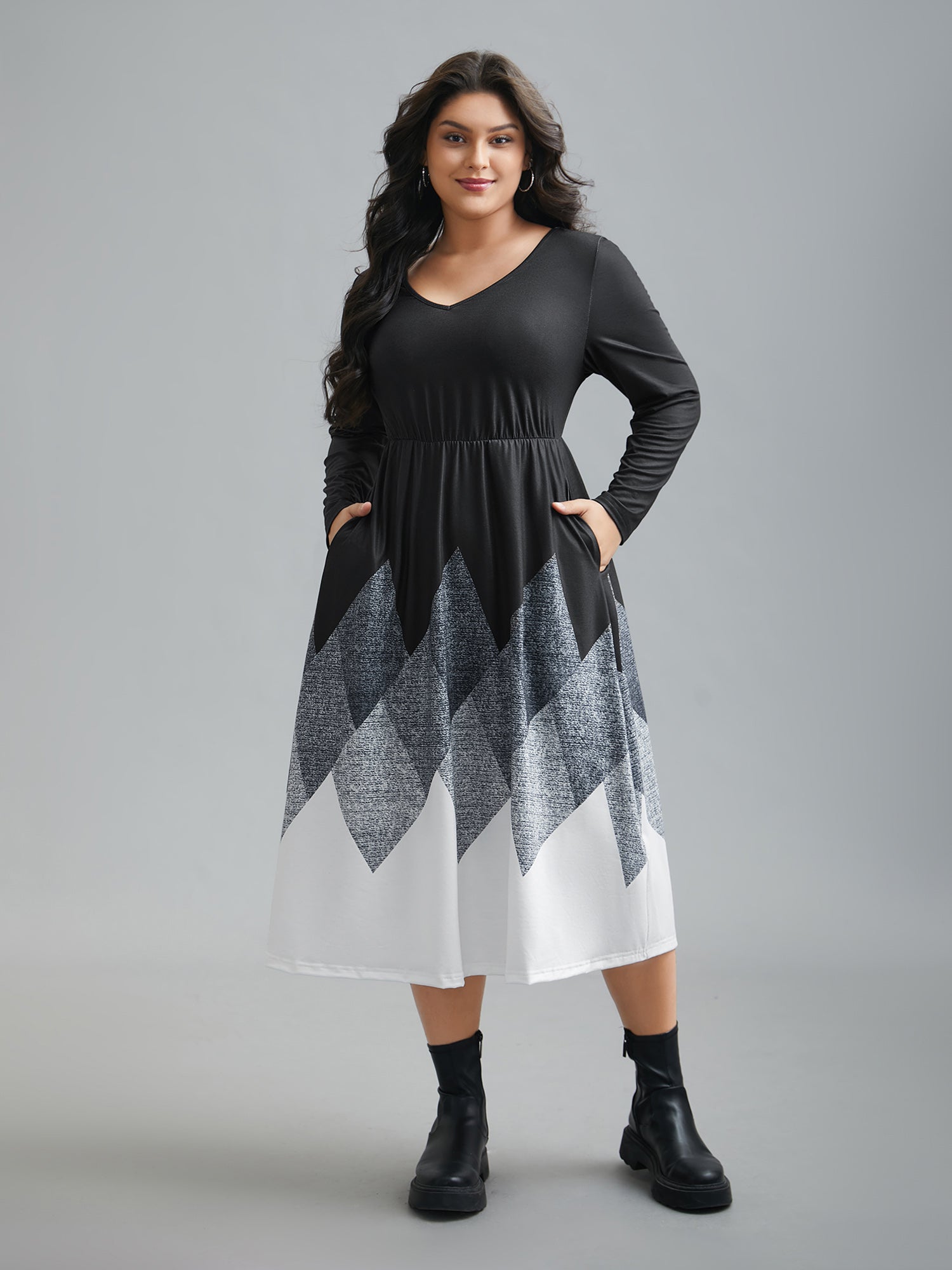 V Neck Ombre Print Spliced Midi Dress