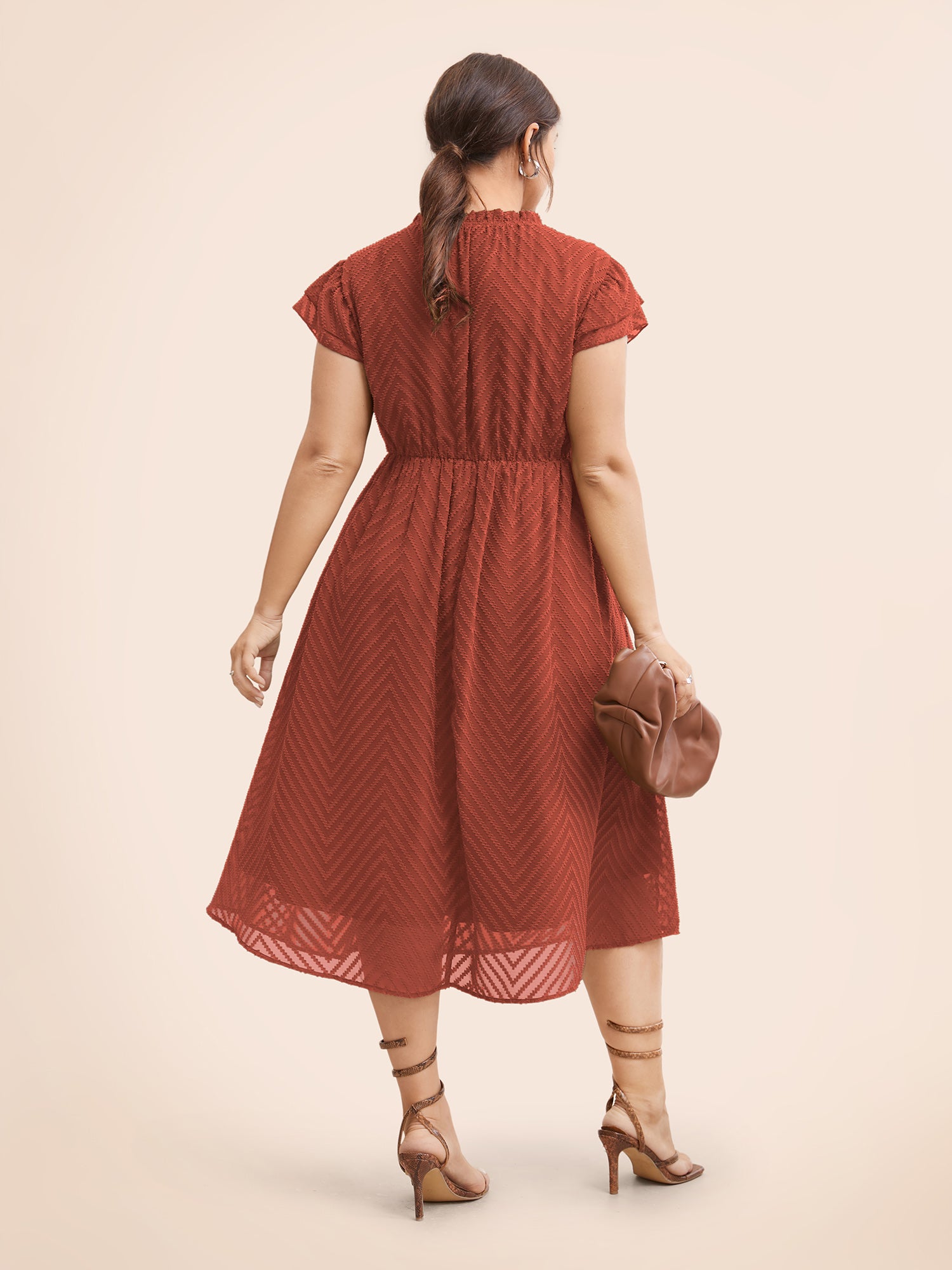 Plain Geometric Layered Sleeve Pocket Ruffle Mock Neck Dress