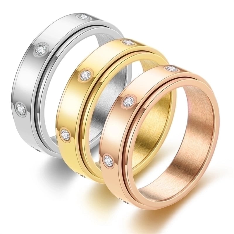 New Simple Rhinestone Decompression Rotatable Stainless Steel Ring