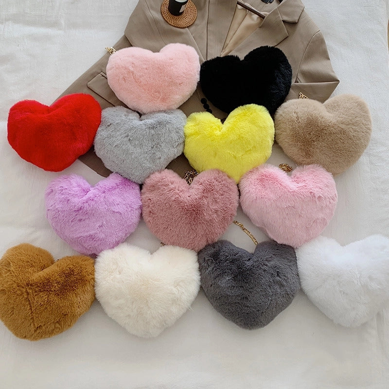 Women's Plush Solid Color Cute Heart-shaped Zipper Crossbody Bag