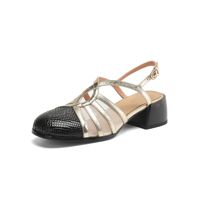 Elegant Colorblock Sandals Patent Leather & Metallic Cowhide Cross-Strap Slingback Dress Shoes in Black/Beige