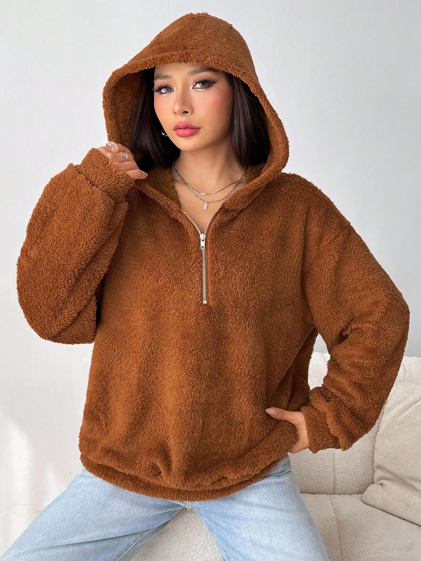 Parien Half Zip Drop Shoulder Teddy Hoodie