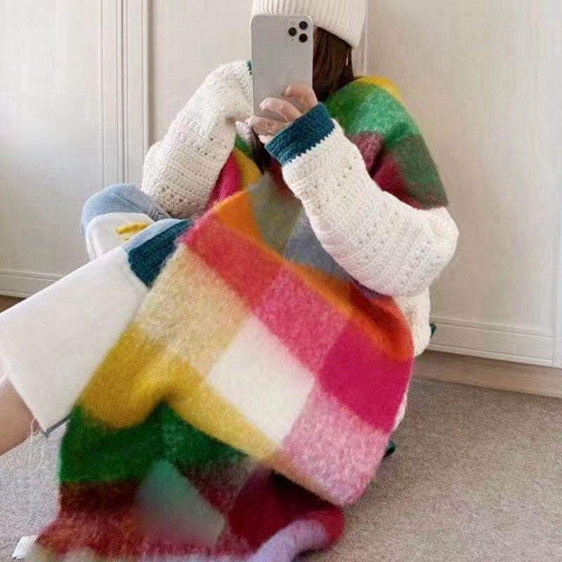 Rainbow Plaid Scarf Women's Autumn And Winter Thickened Mohair Student Couple Contrast Color Matching Thickened
