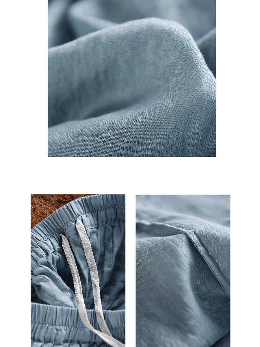 Women Summer Pure Color Shirred 100%Linen Skirt