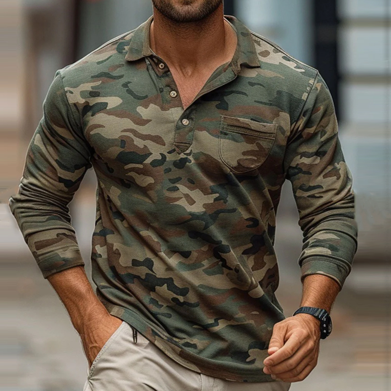 Single Pocket Retro Camouflage Casual Long Sleeve Polo T-Shirt